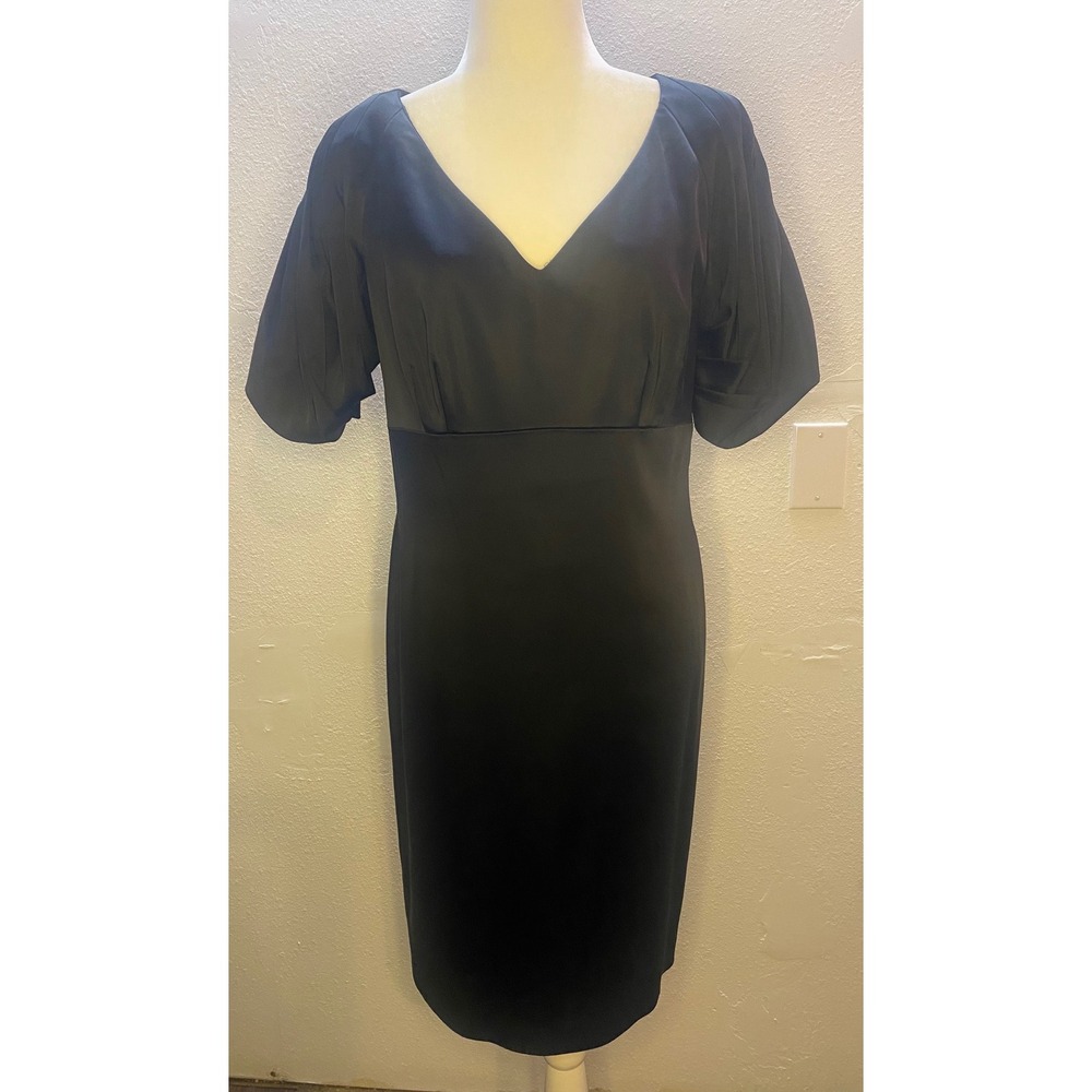 Antonio Melani Sheath Dress Women 12 Black V-Neck Puff Sleeve Satin